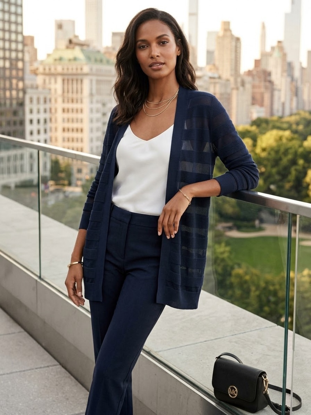 Michael Kors Open Front Sheer Stripe Sweater Cardigan Navy Blue Size Small